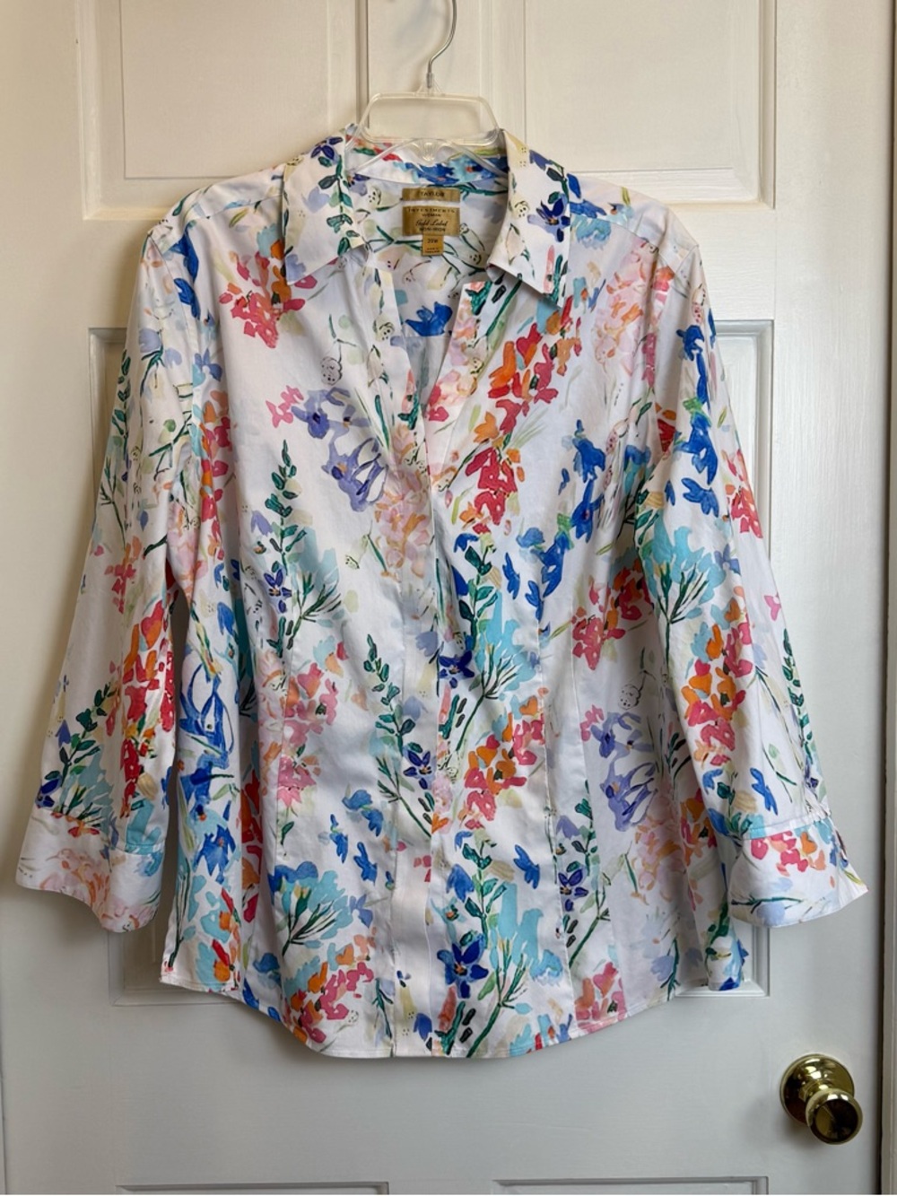 Taylor White Floral Button-Down Shirt with Blue, Pink and Orange Accents
